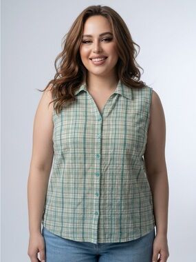Carroll Reid XL Sleeveless Green Plaid Button-Fronti Top